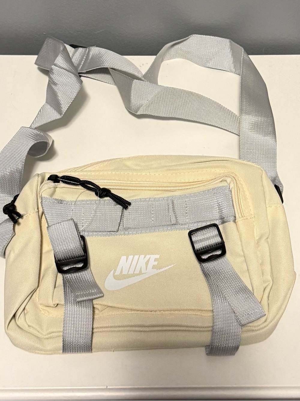 Men's Cream Crossbody Utility Bag with Gray Straps